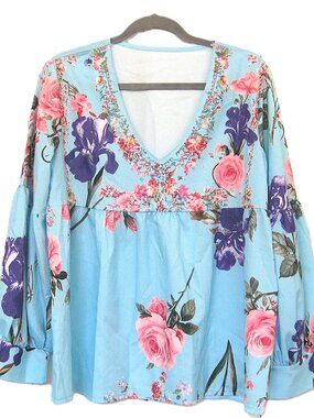 Floral Long Sleeve Top Blouse  Tunic  Lt. Turquoise   Size Large